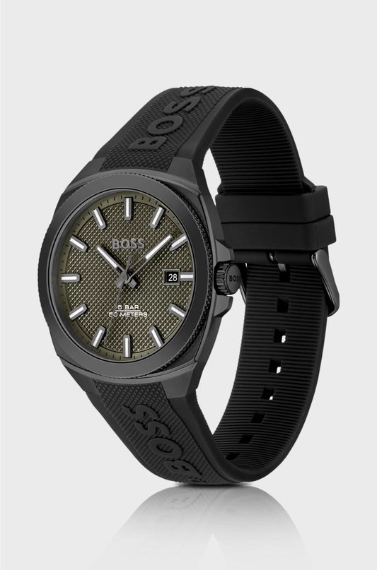 SILICONE-LOGO-STRAP WATCH WITH OLIVE GUILLOCHE DIAL