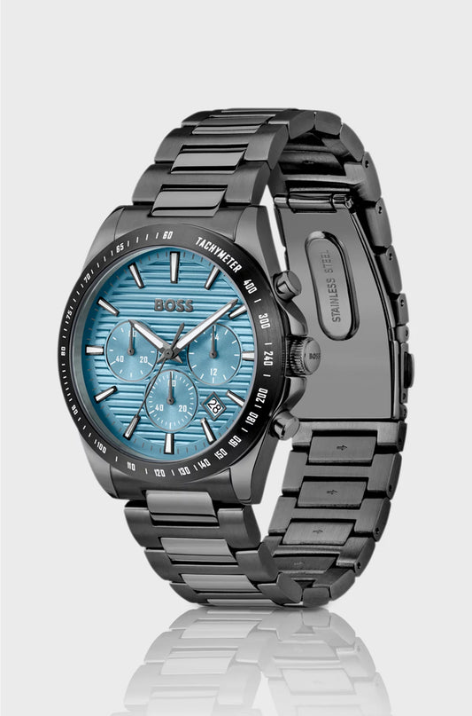 GREY-PLATED CHRONOGRAPH WATCH WITH BLUE RIDGED DIAL
