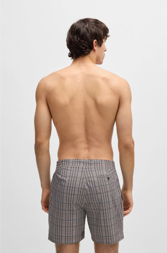 MICRO-PRINT SWIM SHORTS WITH LOGO BADGE