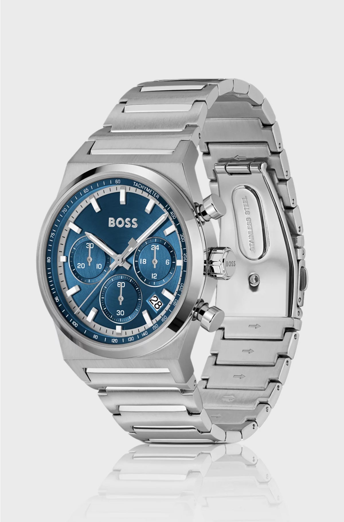 SILVER-TONE CHRONOGRAPH WATCH WITH BLUE DIAL